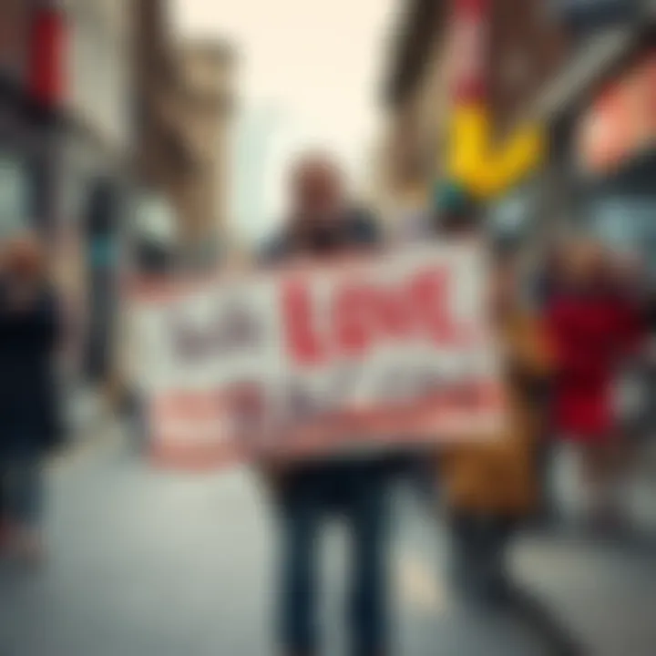 A man stands on a street holding a large sign that reads 'We Love Bacon,' while passersby look on, some with surprised expressions.