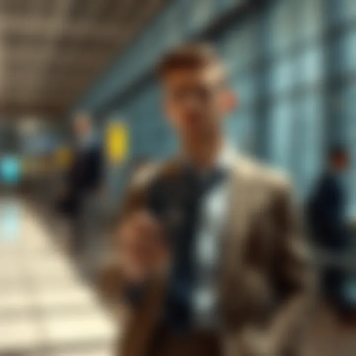 A well-dressed man stands in an airport holding a passport from a non-existent country called Taured, looking confused and out of place.