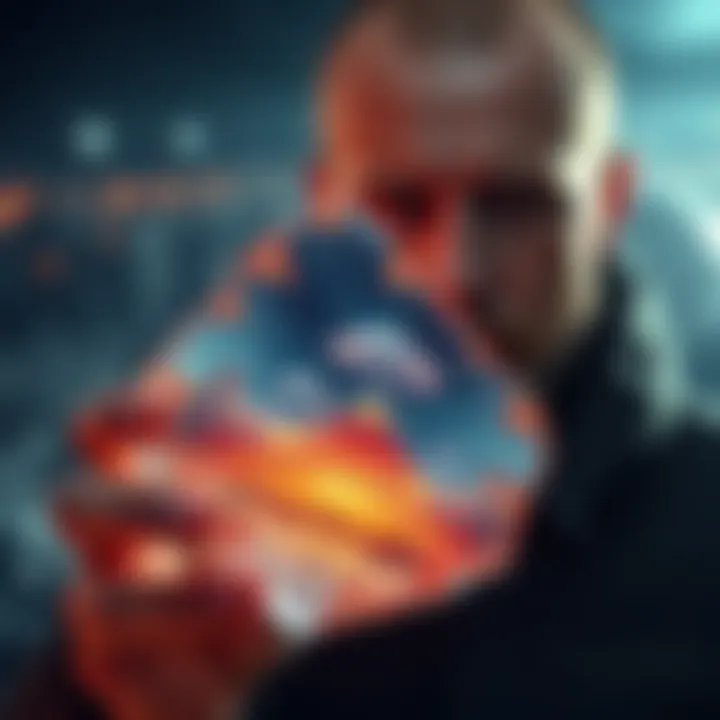 A Russian man holds a shard that shows UFOs shaped like spheres and pyramids in the background.
