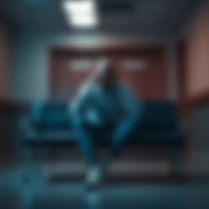 Worried man sitting on a hospital bench, holding his head in his hands after a Viagra overdose