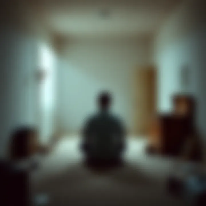 A man sits inside a bare room with no exits, surrounded by scattered objects and a locked chest, deep in thought.