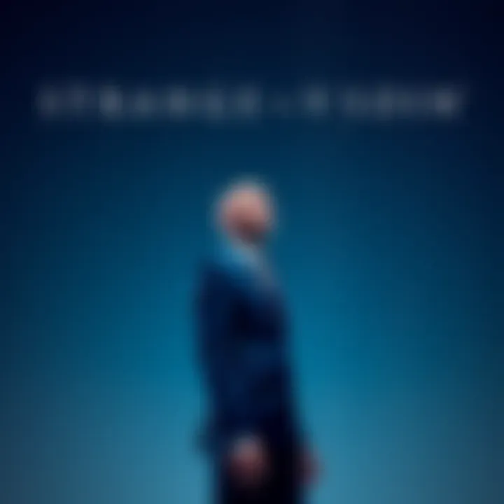 A thin, bald man wearing a blue suit stands under a starry sky, looking mysterious and contemplative.