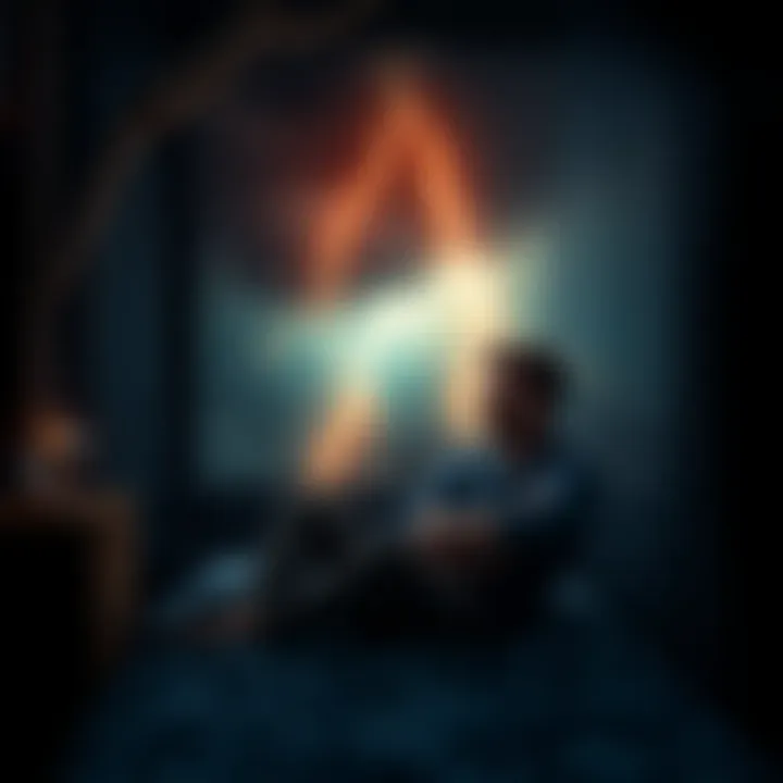A man sitting on his bed in a dark room, looking anxious as a storm rages outside, with flashes of lightning illuminating his worried expression.