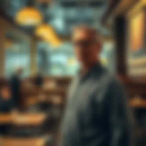 A man stands confused in a restaurant as staff look past him, showing a sense of being unrecognized. The setting is casual with tables and chairs, creating an unsettling atmosphere.