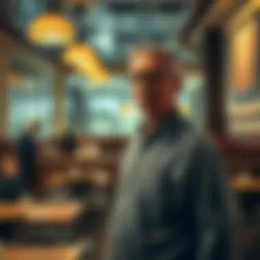 Man in Restaurant A man stands confused in a restaurant as staff look past him, showing a sense of being unrecognized. The setting is casual with tables and chairs, creating an unsettling atmosphere.