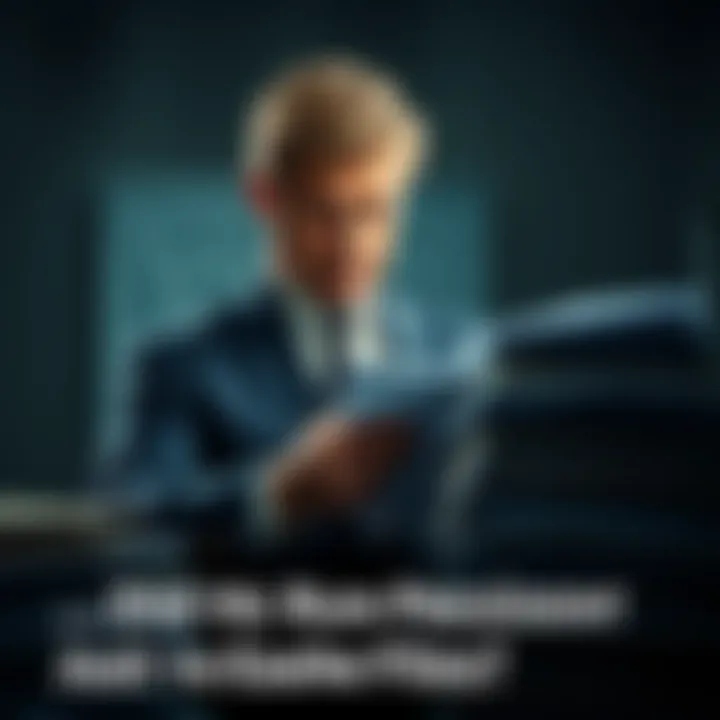 Man in suit looking at documents A man in a dark suit examining stacks of files with a serious expression, hinting at hidden information and political motives.