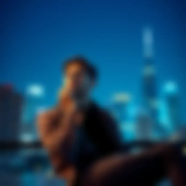 29-year-old man sitting alone, looking contemplative while holding his chin, with a cityscape in the background, reflecting on love and mindfulness.