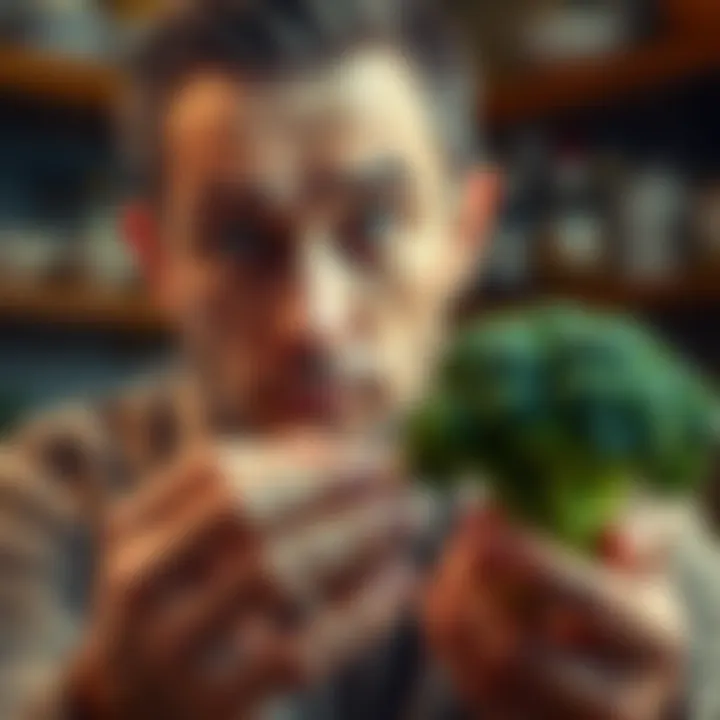A man with a puzzled expression examines freshly cooked broccoli, recalling a bad smell from a dream