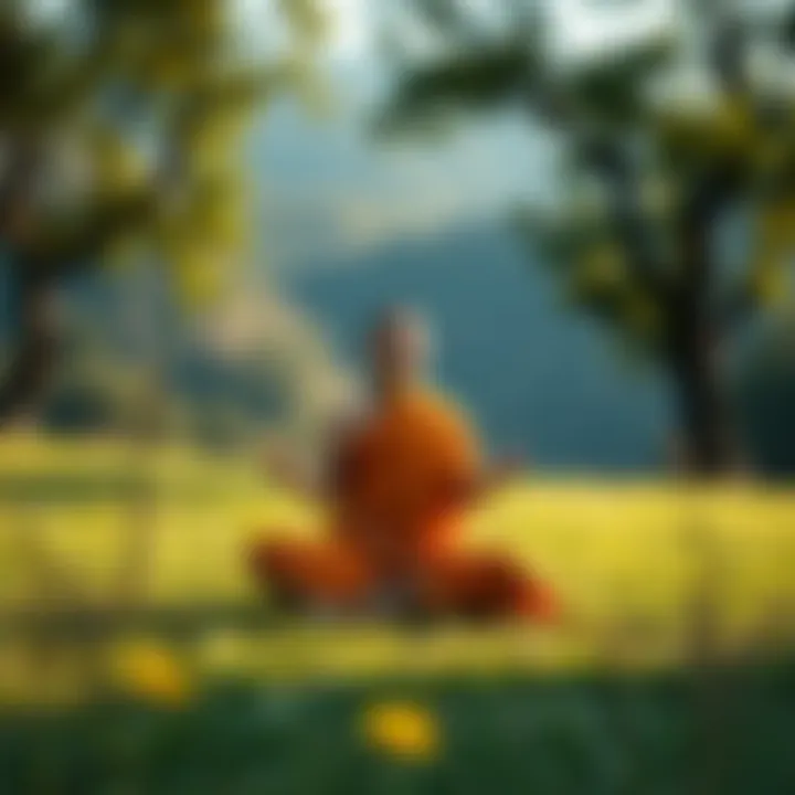 A man sits cross-legged on the grass, practicing mindfulness meditation surrounded by trees and natural scenery, symbolizing a simpler, Dhamma-centered life.