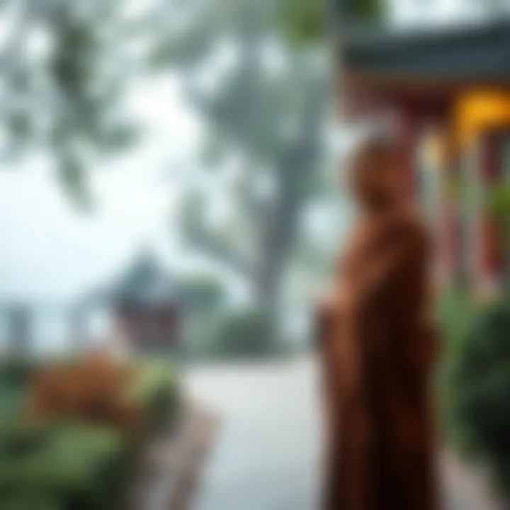 A man dressed in traditional monk robes stands peacefully in a serene garden, reflecting his journey from corporate finance to spiritual life.