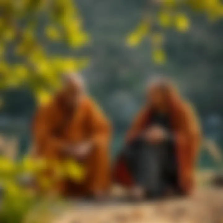 Man and Monk Conversation A man and a monk sitting together in a serene setting, discussing important life questions. The monk appears calm and wise, while the man looks puzzled and thoughtful.