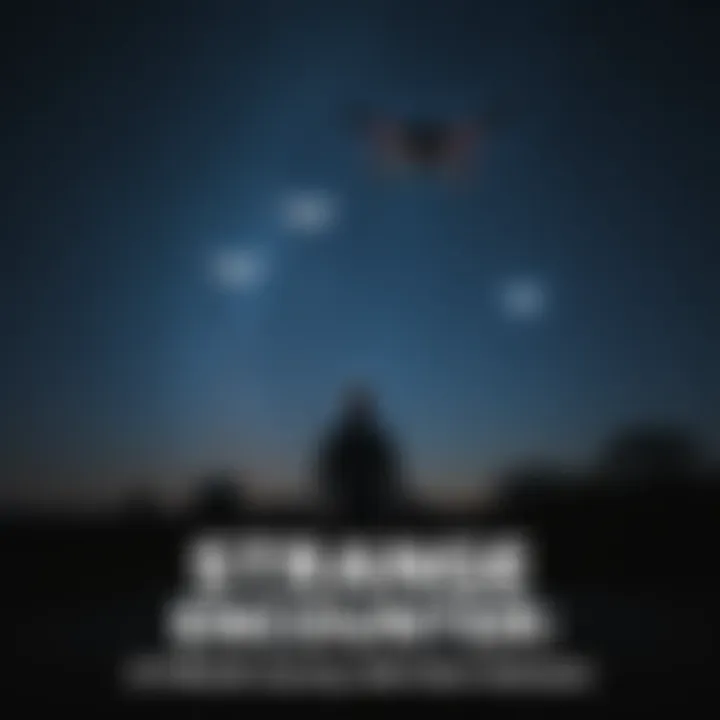 A man stands outside under a starry sky, looking up at several glowing drones flying above him, with a sense of wonder and fear.