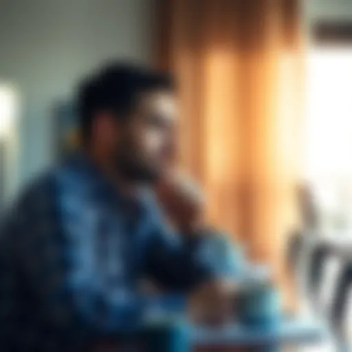 A man looks thoughtful while sitting at a table, contemplating seeking advice from his wife's Scorpio sister about intimacy issues in his marriage.