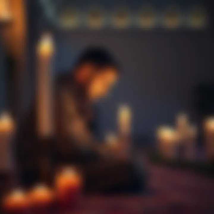 A former Muslim man kneeling in prayer, surrounded by candles and soft lighting, representing his journey of integrating Sufi practices into Christianity.