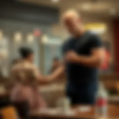 A tall bald man with a serious expression, standing next to a woman seated at Panera Bread, reaching out to touch her shoulder while praying.