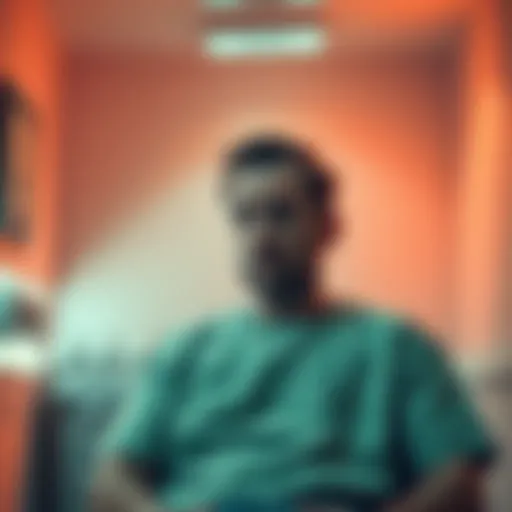 A man sits in a psychiatric ward looking thoughtful and worried, surrounded by soft lighting and calming colors.