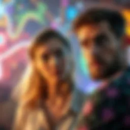 A man looks perplexed as he observes his girlfriend, who has an unusual expression, amidst colorful psychedelic visuals