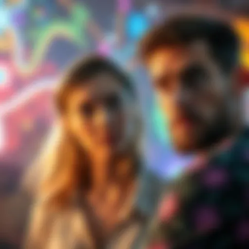 A man looks perplexed as he observes his girlfriend, who has an unusual expression, amidst colorful psychedelic visuals