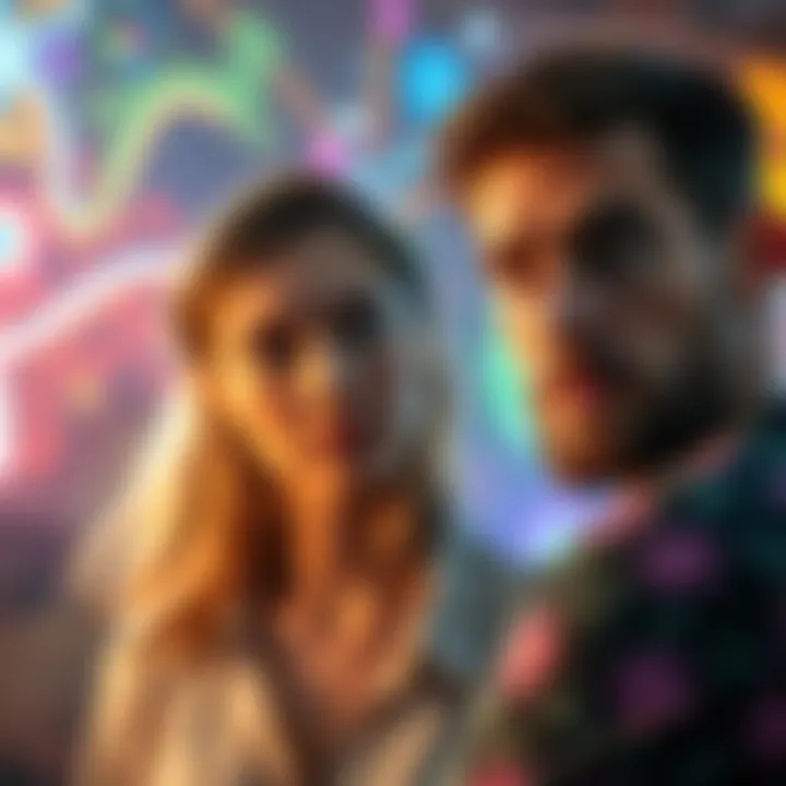 Man questioning his girlfriend A man looks perplexed as he observes his girlfriend, who has an unusual expression, amidst colorful psychedelic visuals