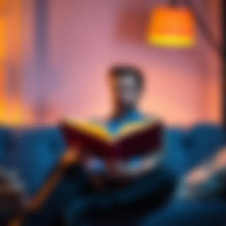 A 40-year-old man sitting on a couch, thoughtfully reading a book, with a warm lamp light illuminating the scene.