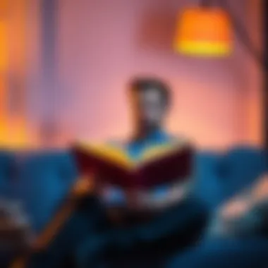 Man Reading a Book A 40-year-old man sitting on a couch, thoughtfully reading a book, with a warm lamp light illuminating the scene.