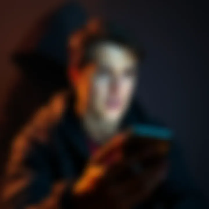 Man receives threatening message A man looks worried while reading a message on his phone, with a shadowy figure in the background suggesting a threat. He appears tense, contemplating a decision.