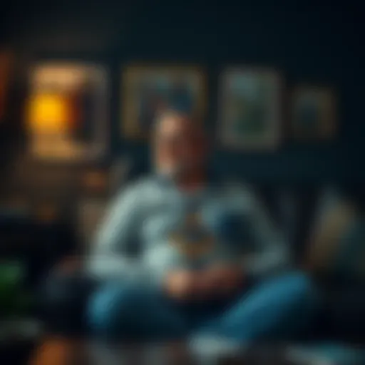 A man sits alone in a cozy room, looking thoughtful while holding a Masonic symbol. Family photos are visible on the wall, showing a mix of love and tension. Health-related items are subtly placed around him.
