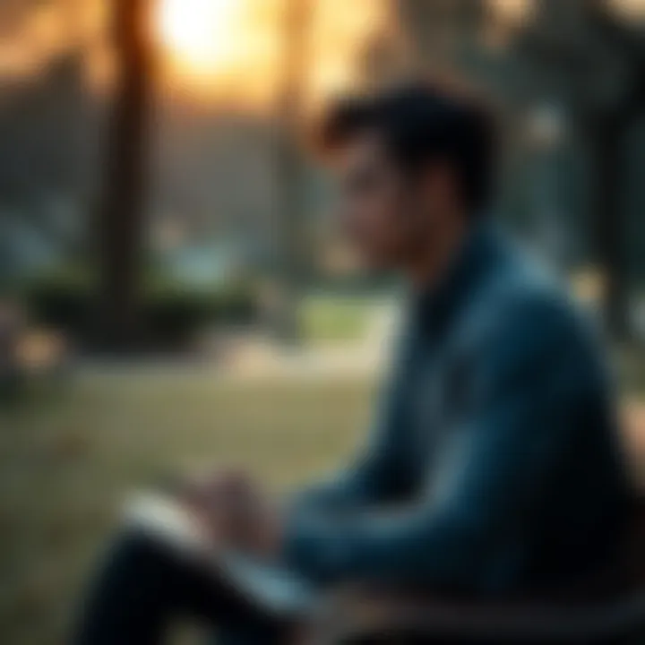 A 26-year-old man sits alone in a park, deep in thought, with a notebook beside him, symbolizing his journey of self-discovery after a breakup.