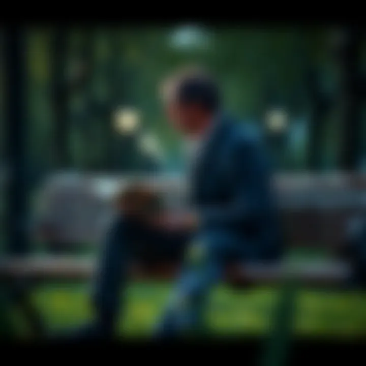 A man sits on a park bench, looking contemplative while reading a book about Jung's theories, symbolizing his healing process after narcissistic abuse.