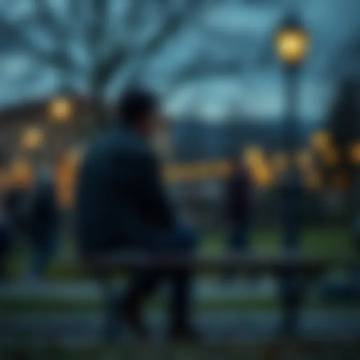 A man sitting alone on a park bench, deep in thought, symbolizing emotional struggle and societal pressures of male identity