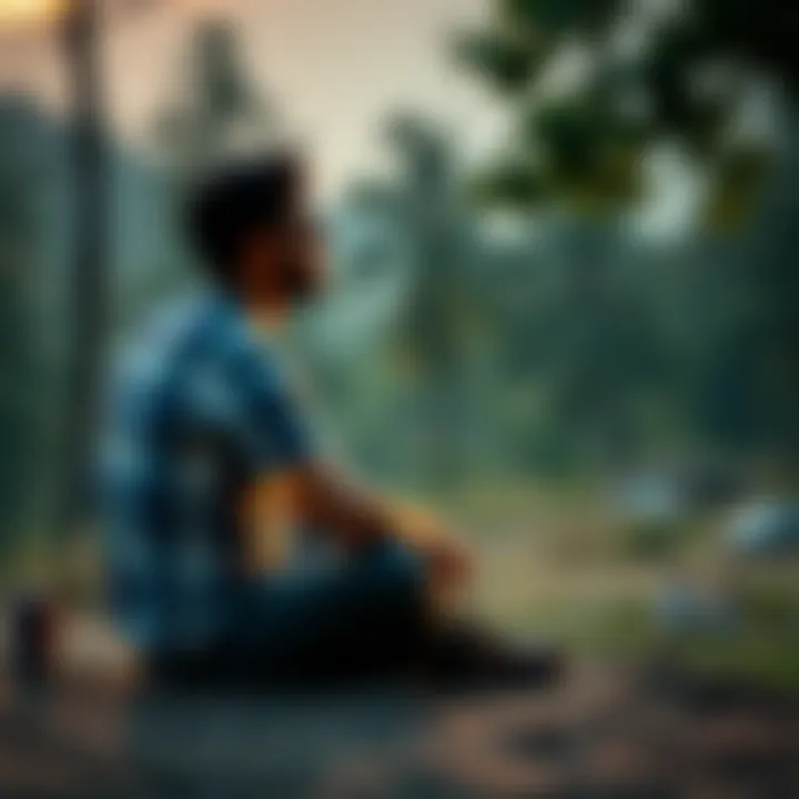 A man sitting cross-legged in a peaceful retreat setting, looking contemplative as he thinks about a girl he met during the event.