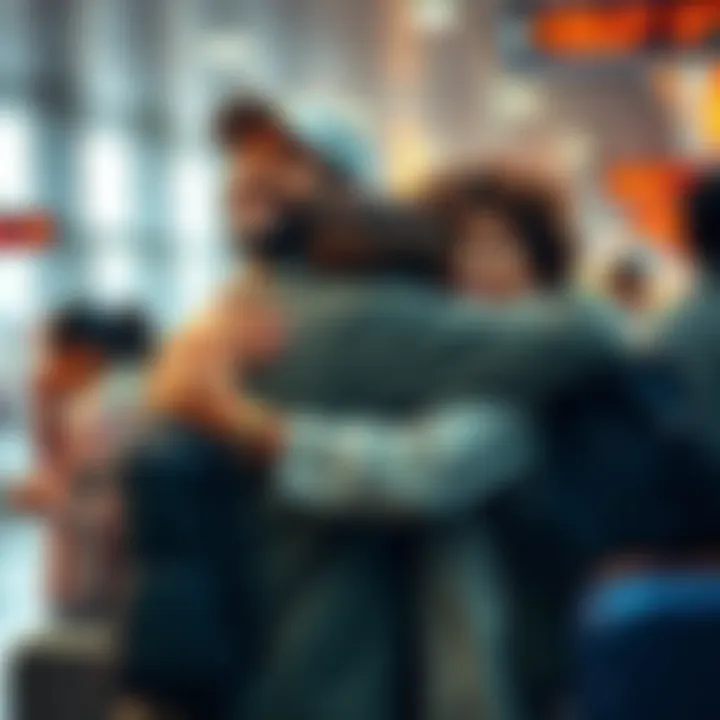 A joyful man embracing family members at an airport after a long separation, symbolizing hope and resilience.