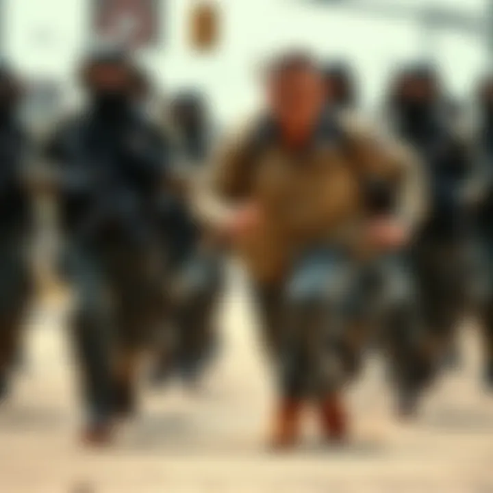 A man running through a security detail with armed guards in the background, showing a surprising security breach