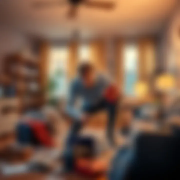 A man frantically searching for a missing car key in his living room, surrounded by scattered items and looking under furniture.