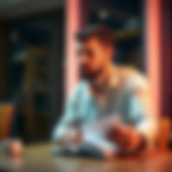 A 32-year-old man sitting at a table with a notebook, looking thoughtful as he reads responses from others.