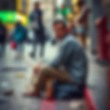 Man sitting on the street looking discouraged A man in worn clothes sits on the sidewalk with a pained expression, surrounded by litter and busy pedestrians walking past.