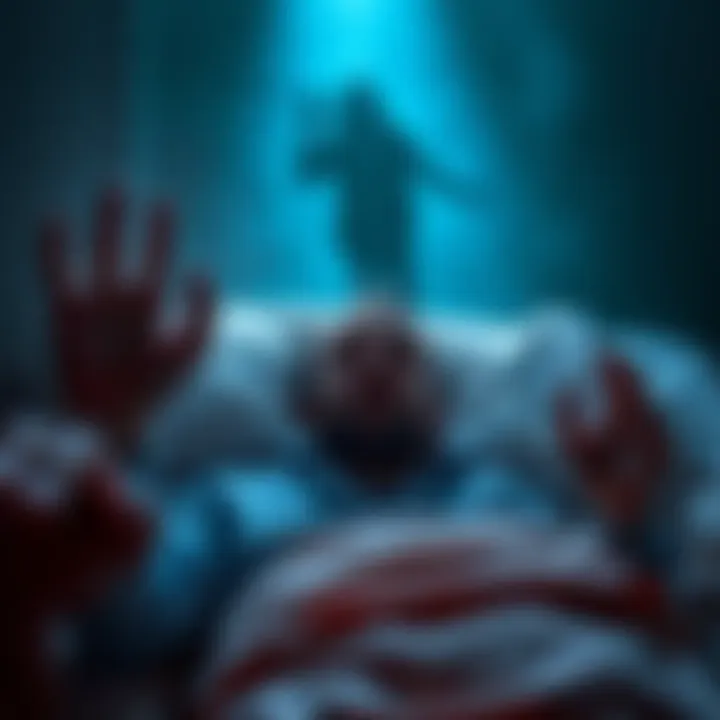 A man lying in bed looking terrified while a shadowy figure hovers above him, illustrating the feeling of sleep paralysis and fear during an astral projection attempt.