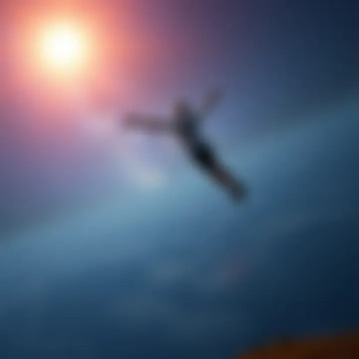 A man appears to float above the ground, surrounded by stars and a night sky, reflecting on his astral projection experience.