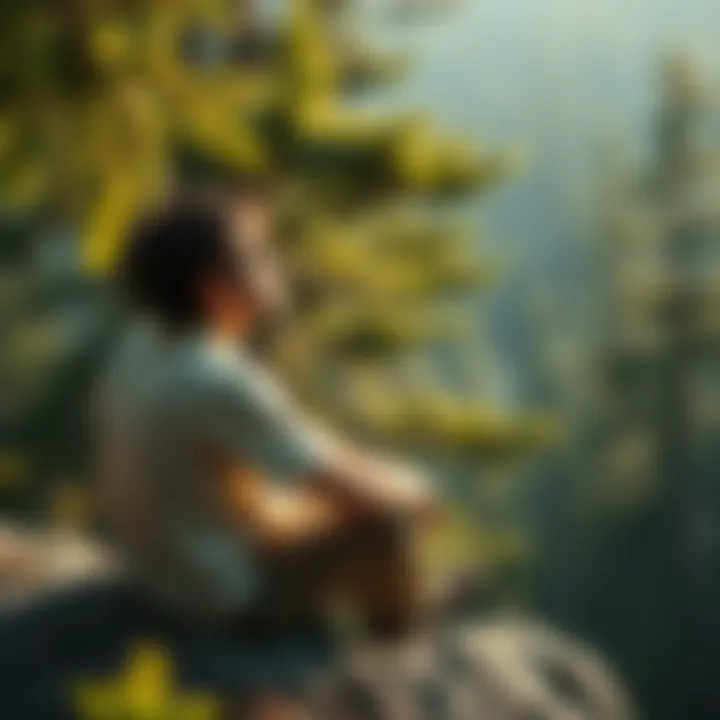 A 33-year-old man sitting on a rock in a serene forest, looking thoughtful as he reflects on his spiritual awakening and emotional struggles