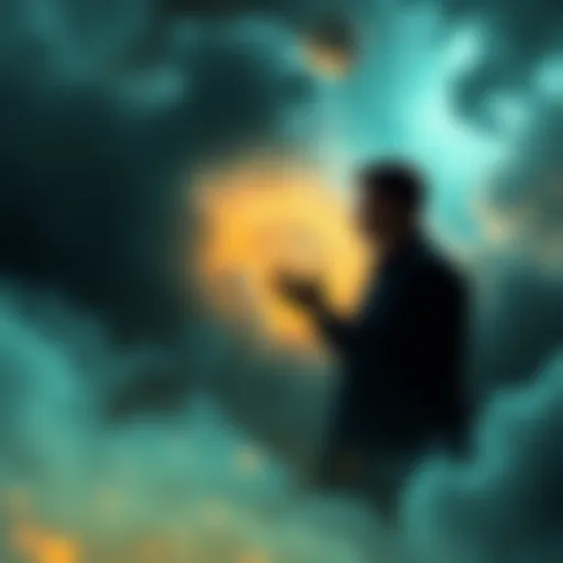 A man converses with a shadowy figure in a surreal dream setting, both aware of their dream state.
