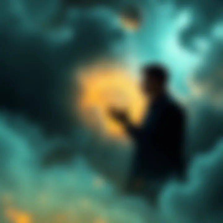 A man converses with a shadowy figure in a surreal dream setting, both aware of their dream state.