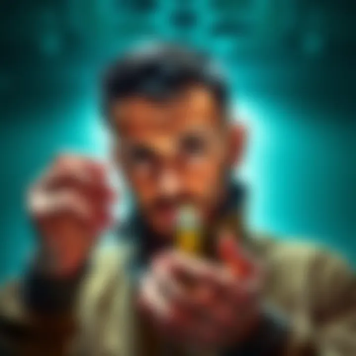 A man examining a hair sample believed to be from a tall alien female, with a curious expression.