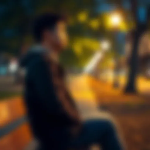 A young man sitting alone on a park bench, looking pensive and lost in thought after a recent breakup.