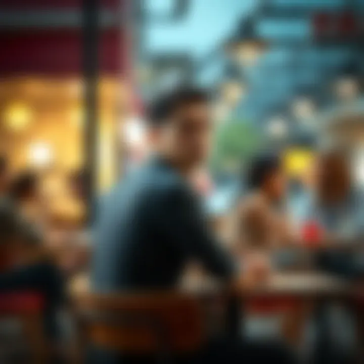A man in his 30s sitting alone at a cafe, looking contemplative while observing couples around him