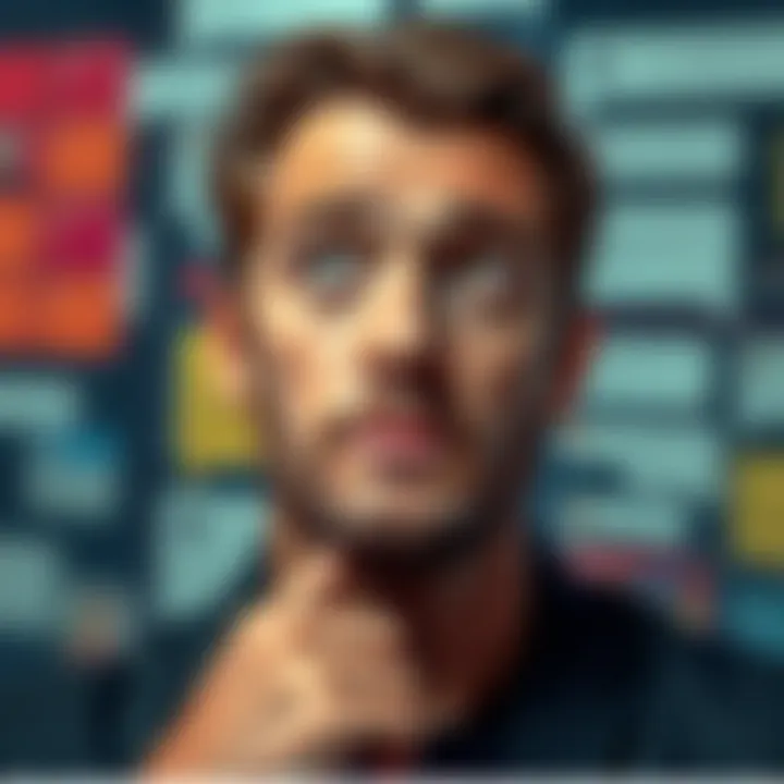 A man looking contemplative, pondering over a question, with a blurred background of discussion boards and chat bubbles.