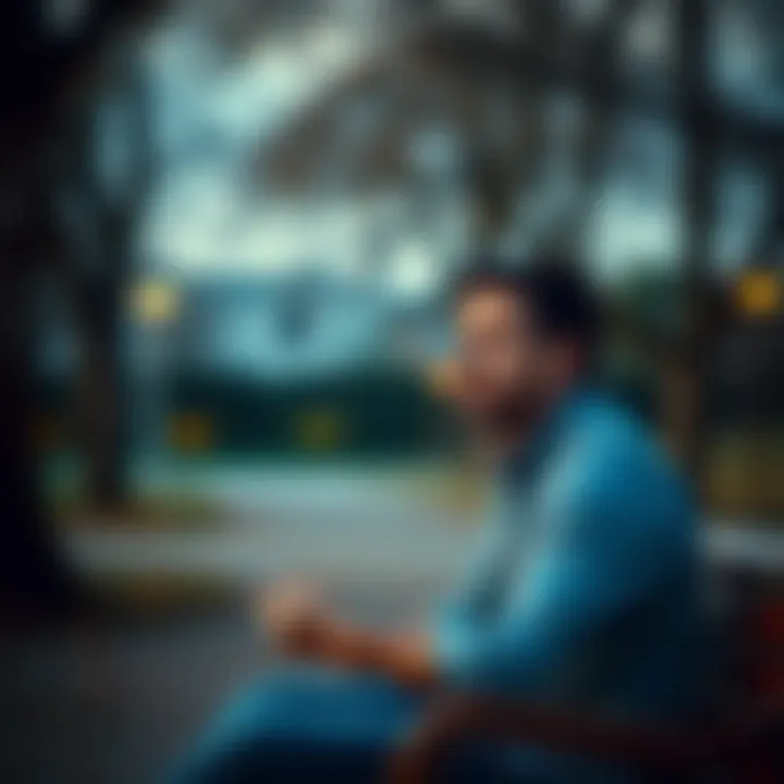 A man sits alone in a park, looking pensive and deep in thought, suggesting he's reflecting on past relationships.