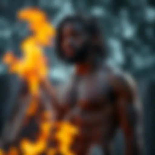 Man with Dreads by Backyard Fire A man with dreadlocks stands near a backyard fire, showing muscular arms and a thoughtful expression.