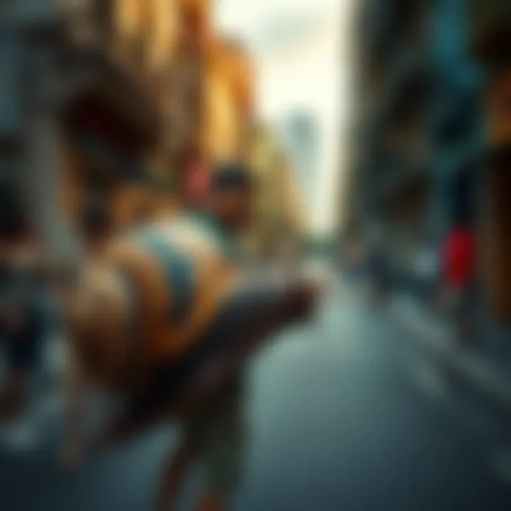 A man on a street in Panama moving a large snail, capturing attention from onlookers.
