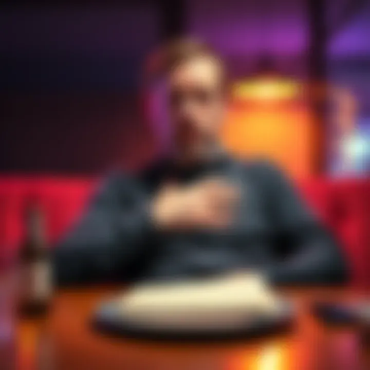 A man sits at a table looking distressed while holding his chest, showing the effects of long-term hiccups.