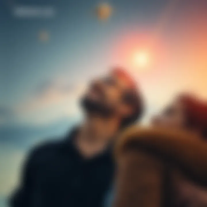 A man gazes into the sky with an awe-struck expression, sharing the moment with another person beside him, both looking surprised by what they see. They are in a tranquil outdoor setting, hinting at the significance of the sighting.